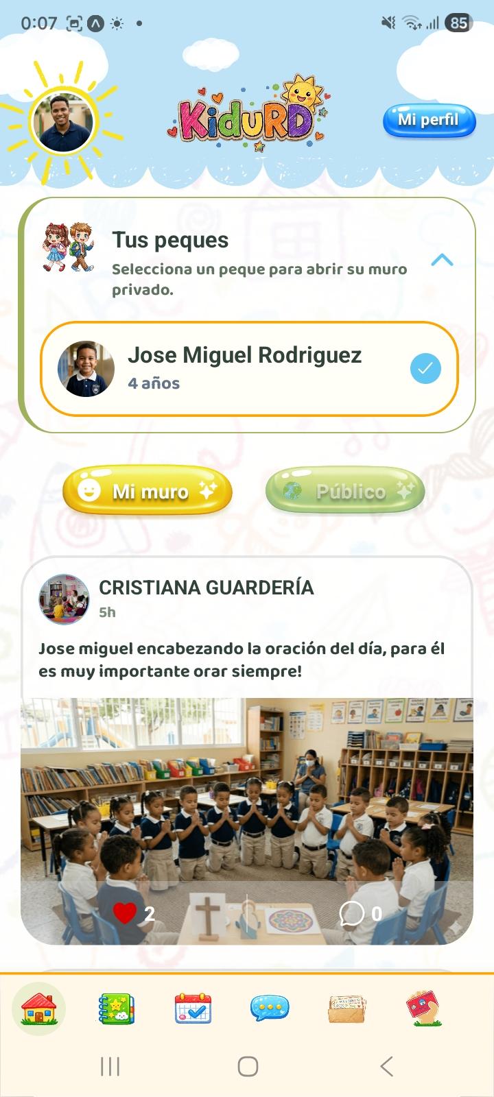 Captura 1: Mi Muro — app Kidu familias — perfil padres