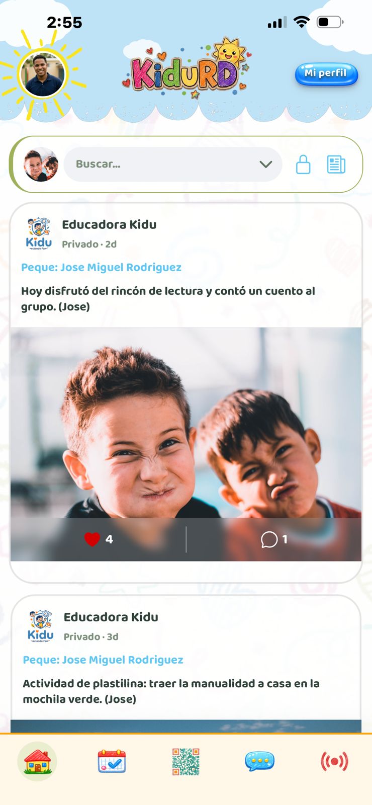 Captura 1: Inicio — muro y noticias — app Kidu familias — perfil padres