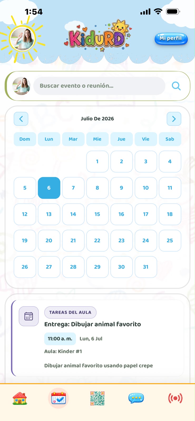 Captura 2: Calendario — app Kidu familias — perfil padres