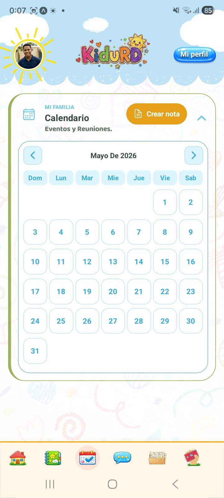 Captura 3: Calendario — app Kidu familias — perfil padres