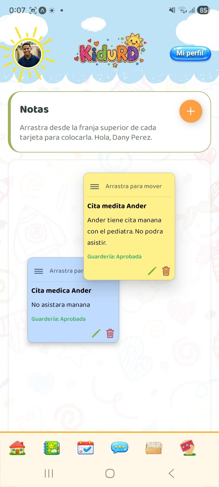 Captura 4: Notas — app Kidu familias — perfil padres