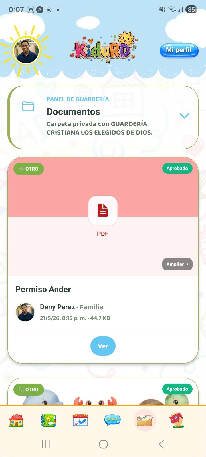 Captura 5: Documentos — app Kidu familias — perfil padres