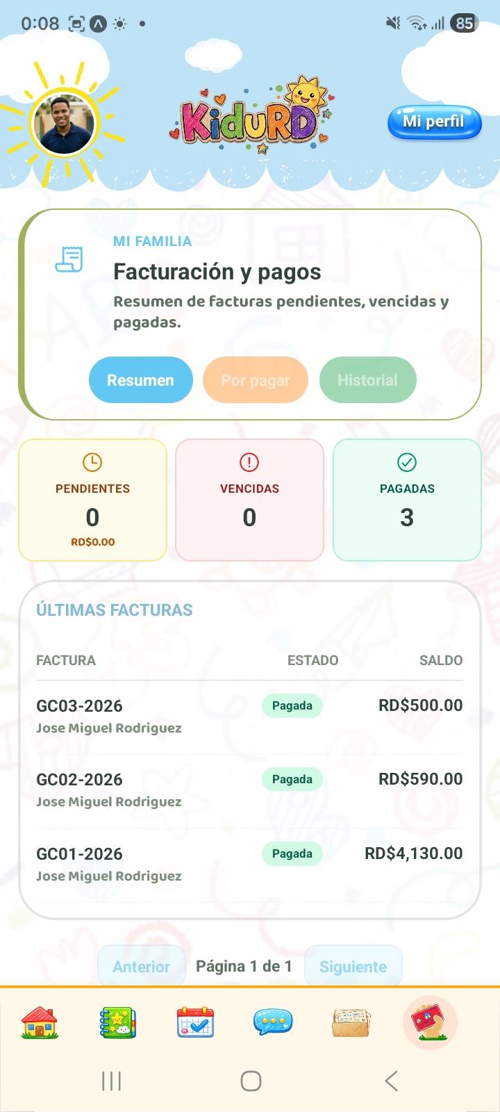 Captura 7: Pagos — app Kidu familias — perfil padres